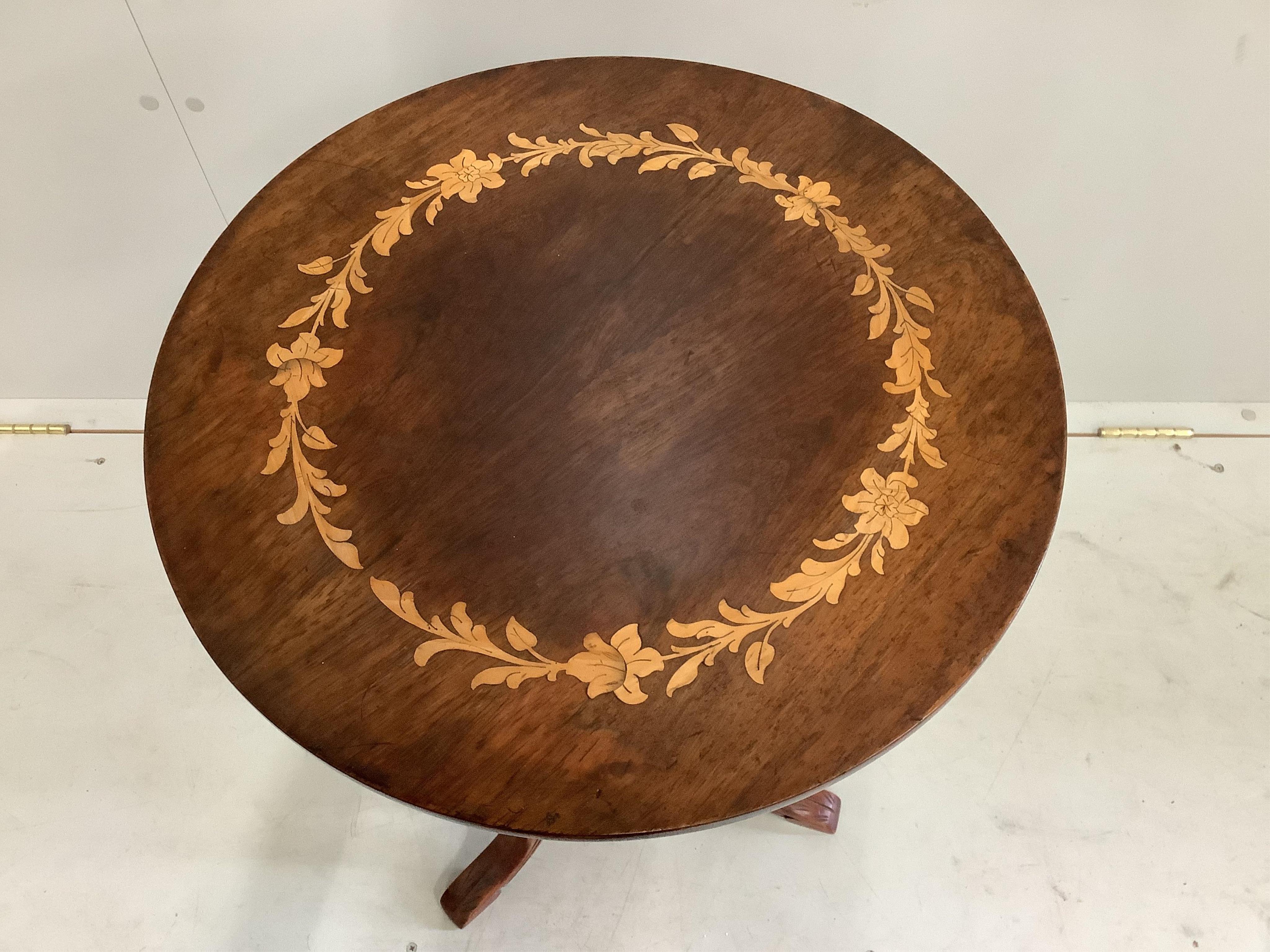A Victorian and later inlaid mahogany circular tripod wine table, diameter 46cm, height 69cm